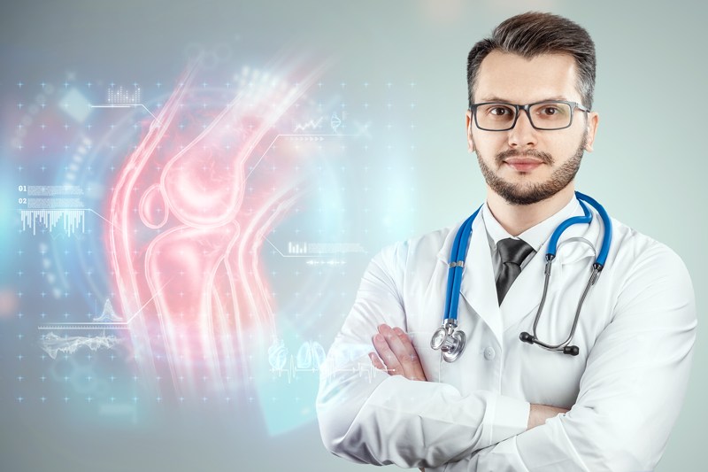 doctor looks hologram sore knee severe pain x ray image trauma rheumatologist consultation skeletal image medical concept medical technologies future pain when walking